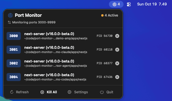 Port Monitor open from the macOS menu bar, listing four Next.js dev servers on ports 3000 to 3004 with their project folders and PIDs, each with a kill button.